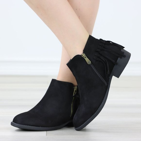 Black Suede Boots Tassel Flat Heel Round Toe Ankle Booties Flats - Picture 7 of 12